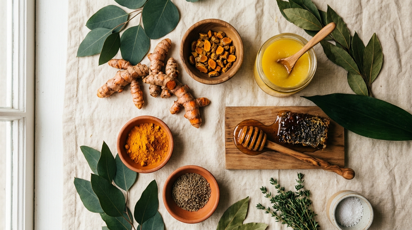 Flat lay of natural organic pantry products — turmeric, ghee, and raw honey on cream linen