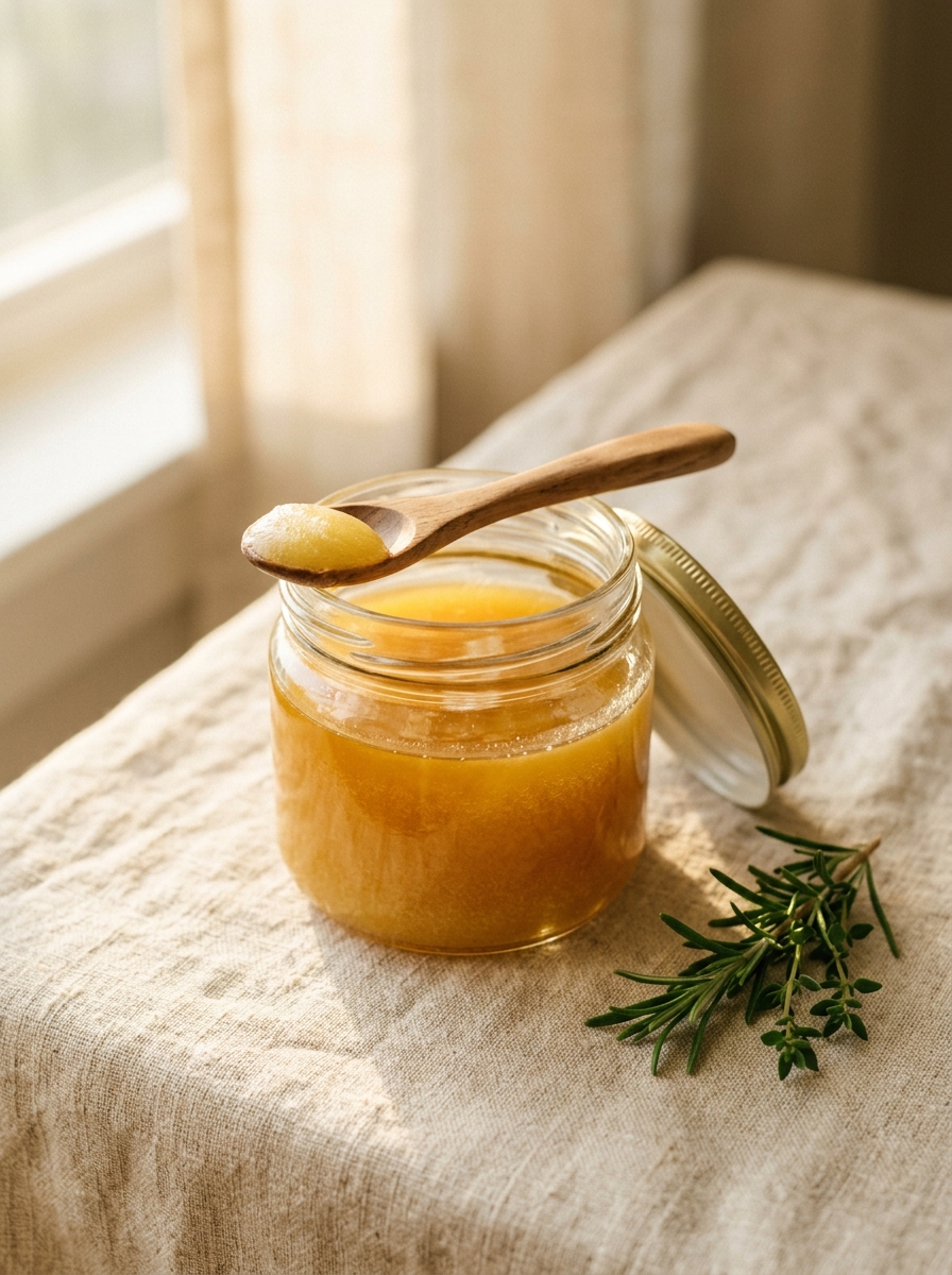 Golden A2 ghee in a glass jar with a wooden spoon on warm linen