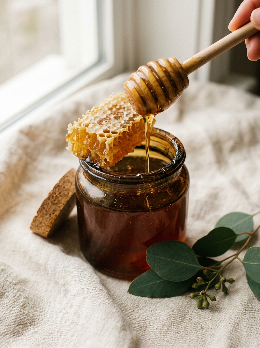 Raw forest honey in a dark amber glass jar with honeycomb and wooden dipper