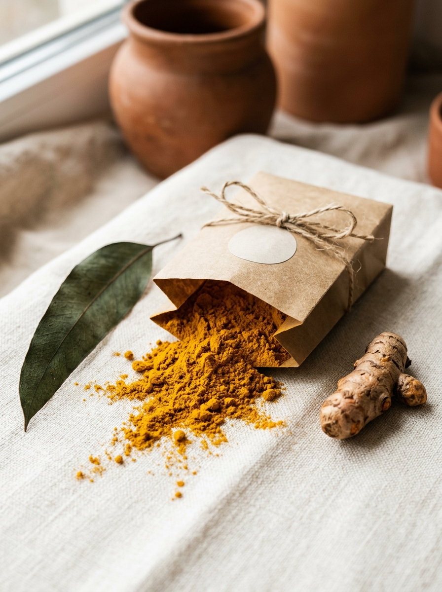 Golden turmeric powder spilling from a kraft paper pouch on cream linen