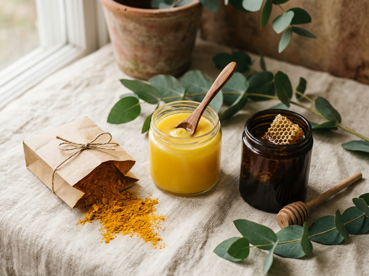 Organic turmeric powder, ghee, and honey arranged in a morning ritual tableau